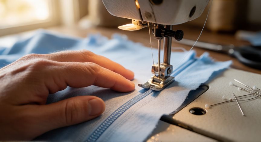como coser una cremallera invisible, Manos cosiendo una cremallera invisible con máquina de coser sobre tela azul clara