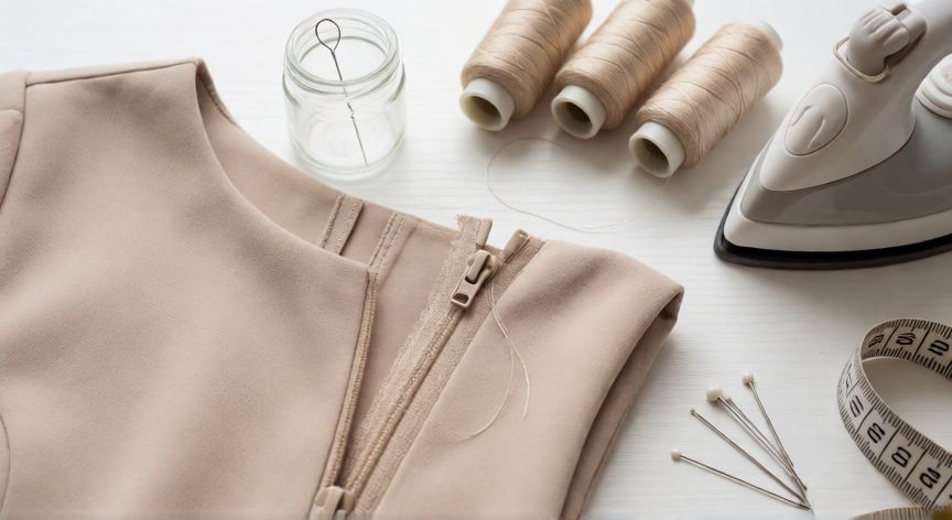como coser una cremallera invisible, Materiales y herramientas para coser cremallera invisible sobre mesa de costura vista cenital