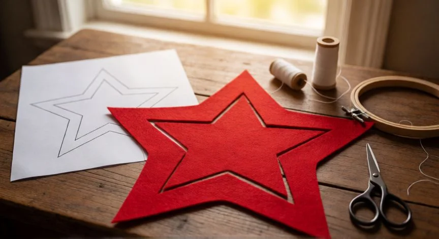 como coser una estrella de 5 puntas, Estrella de 5 puntas recortada en fieltro rojo sobre mesa de costura con patrón y herramientas