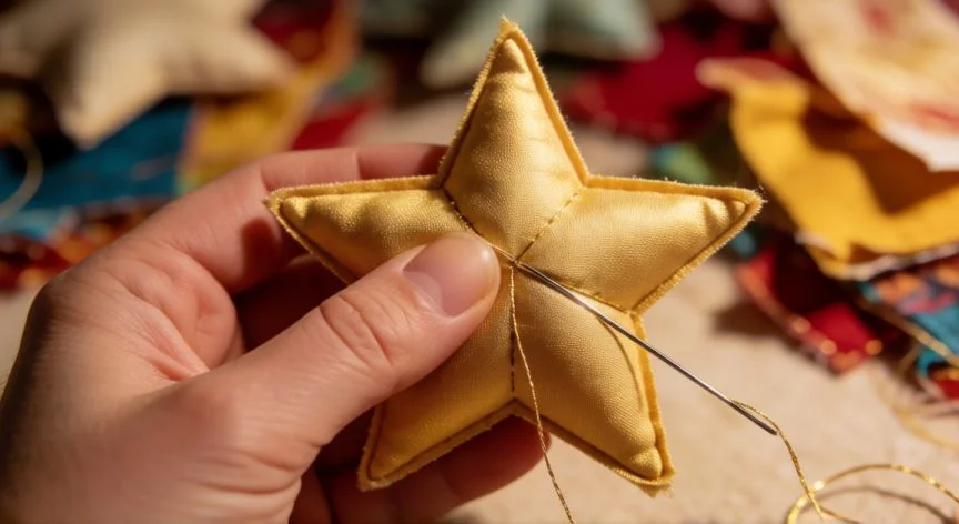 como coser una estrella de 5 puntas, Manos cosiendo una estrella de tela dorada con aguja e hilo dorado en proceso de relleno