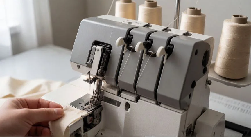 como coser una fileteadora de 4 hilos, Fileteadora de 4 hilos enhebrada con hilo poliéster beige cosiendo una tira de algodón