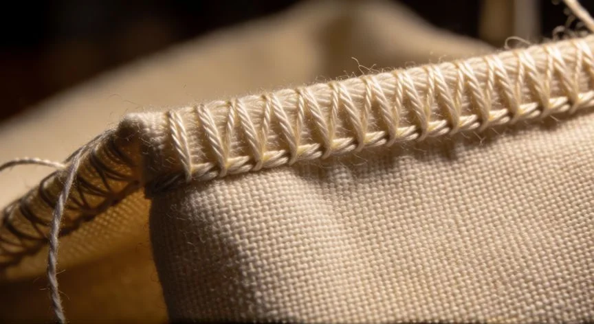 como coser una fileteadora de 4 hilos, Detalle del punto de 4 hilos terminado cubriendo el borde de una tela de algodón sin deshilachar