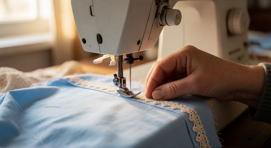 como coser una puntilla a máquina, Manos cosiendo una puntilla elástica a una máquina de coser doméstica sobre tela de algodón