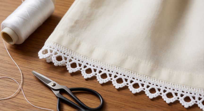 como coser una puntilla a máquina, Acabado profesional de un dobladillo con puntilla de encaje cosida a máquina sobre lino crema