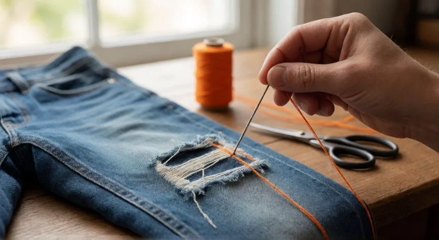 como coser vaqueros rotos a mano, Manos cosiendo a mano un desgarro en la rodilla de unos vaqueros con hilo naranja y aguja gruesa