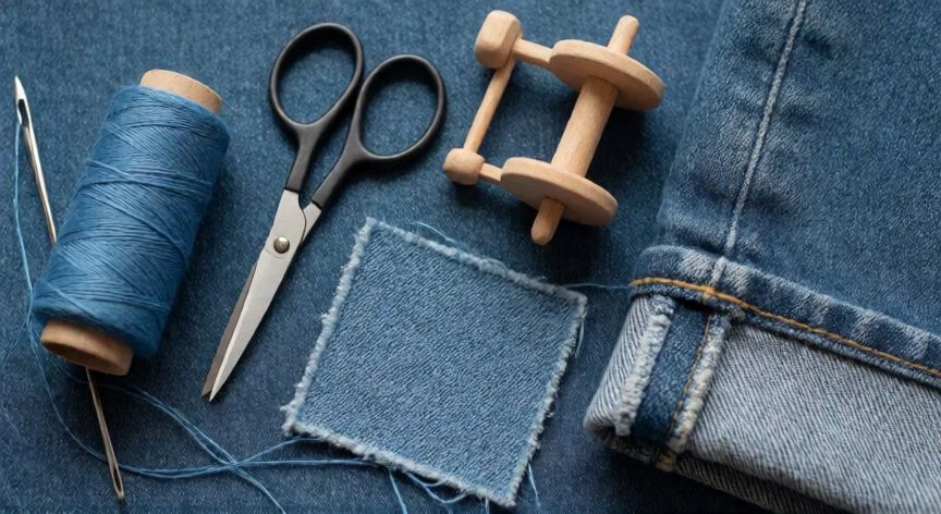 como coser vaqueros rotos a mano, Kit de costura sobre tela vaquera con aguja, hilo grueso azul, tijeras, parche de denim y dobladillo remendado a mano