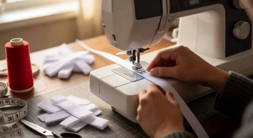 como coser velcro, Manos cosiendo una tira de velcro blanco en máquina de coser sobre mesa de trabajo