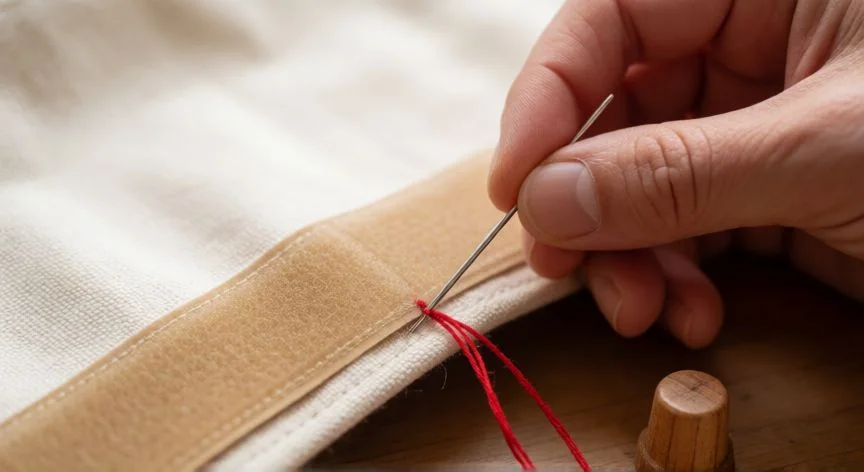 como coser velcro, Costura a mano con aguja gruesa sobre el borde de una tira de velcro sobre tela de lona