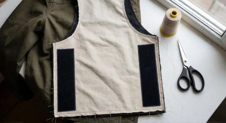 como coser velcro a máquina, Vista cenital de una chaqueta con velcro cosido por el perímetro sobre mesa de costura