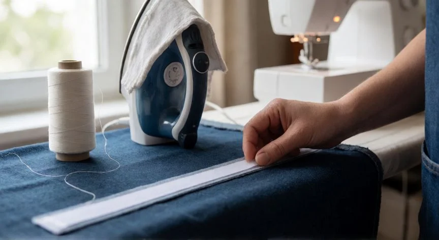 como coser velcro adhesivo a máquina, Manos fijando Velcro adhesivo sobre tela vaquera sobre una tabla de planchar antes de pasar la máquina de coser