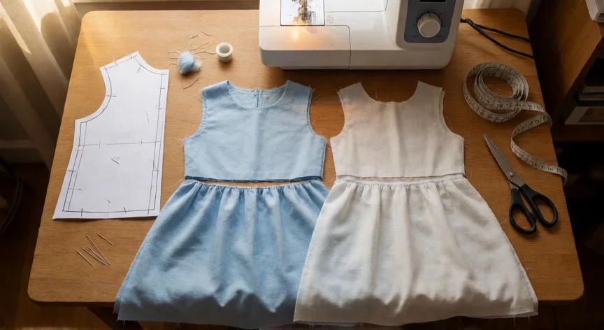 como coser vestido de niña con forro, Mesa de costura con tela exterior azul y forro blanco cortados para un vestido de niña, con patrón y máquina de coser de fondo