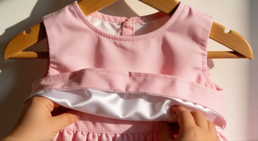 como coser vestido de niña con forro, Vestido infantil de algodón rosa con forro interior de satén blanco colgado en percha, mostrando el acabado limpio del dobladillo