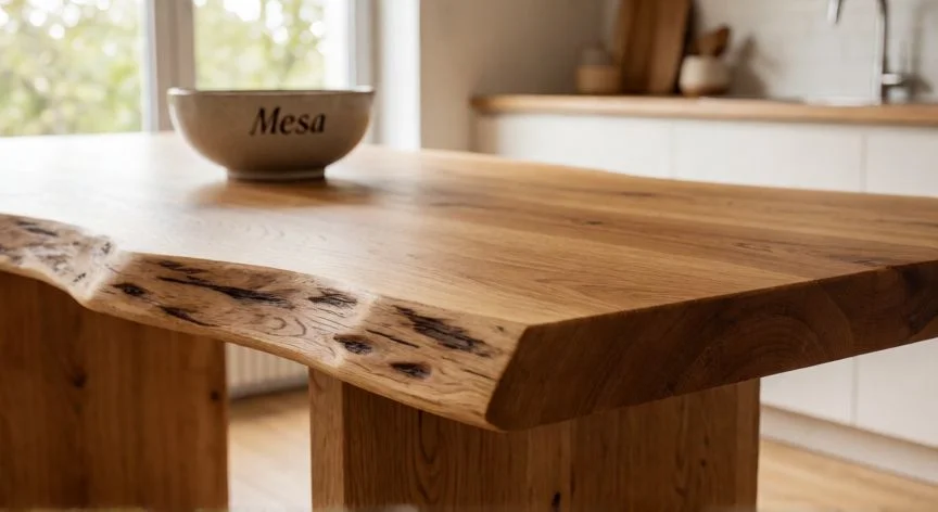 como coser vivos, Mesa de comedor de roble con borde vivo rematado en resina epoxi y aceite danés