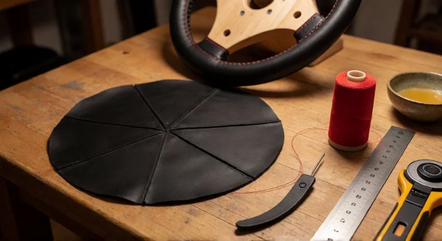 como coser volante, Banco de trabajo con cuero negro cortado en 6 gajos, hilo rojo encerado y mandrilo de madera para forrar volante