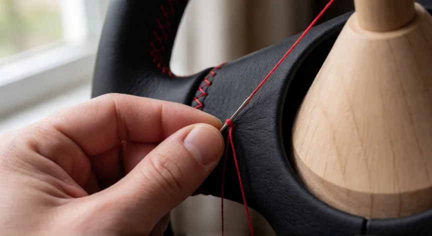 como coser volante, Manos cosiendo a mano una funda de volante de cuero negro con hilo rojo en puntada silla sobre mandrilo de madera