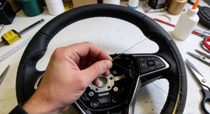como coser volante de coche, Manos cosiendo un volante de coche con aguja e hilo sobre mesa de trabajo
