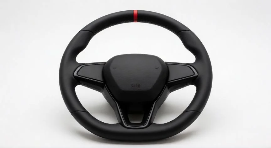como coser volante de coche, Volante de coche reforrado en cuero negro con costura doble terminada