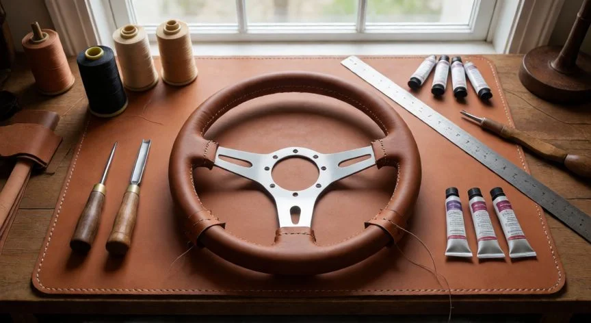 como coser volante de cuero, Mesa de trabajo con volante de cuero en proceso de cosido y herramientas de tapicero
