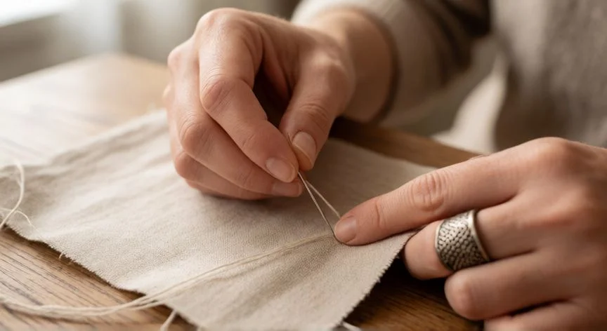 como coser wikihow, Manos practicando la puntada a mano sobre tela de lino con dedal