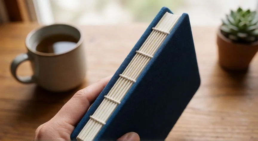 como coser y forrar libretas, Libreta artesanal terminada con costura copta visible en el lomo y forrada en tela de lino azul oscuro