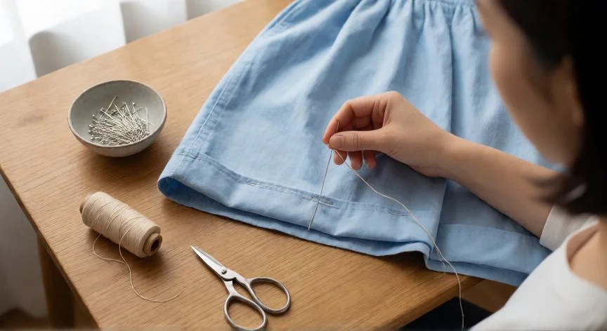 como coser y que no se note, Manos realizando puntada invisible en el dobladillo de una falda de algodón