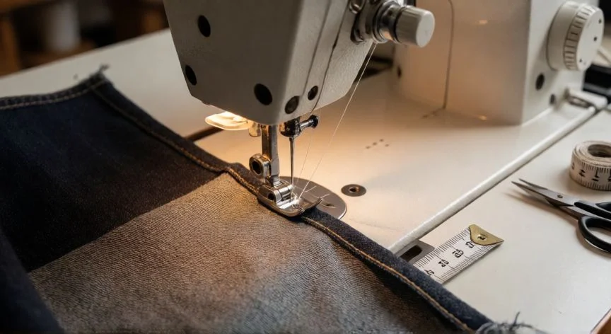 como coser y que no se note, Máquina de coser realizando puntada fina en tela vaquera