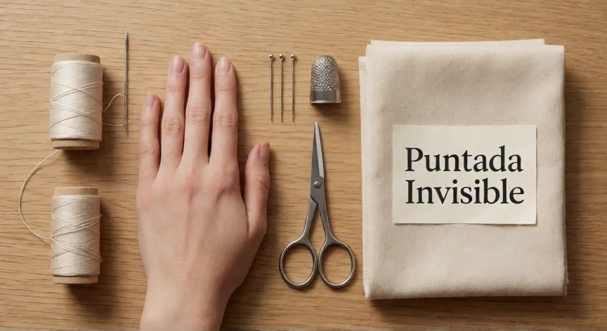 como coser y que no se vea el hilo, Materiales de costura a mano para puntada invisible sobre mesa de madera