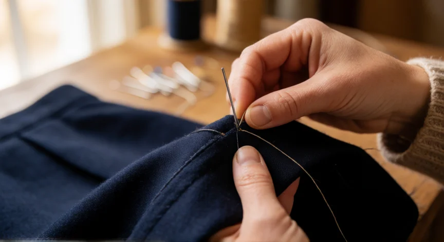 como coser y que no se vea la costura, Manos cosiendo puntada invisible por el revés de un dobladillo de falda