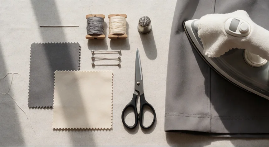 como coser y que no se vea la costura, Materiales para costura invisible: aguja fina, hilo, alfileres y dobladillo rematado