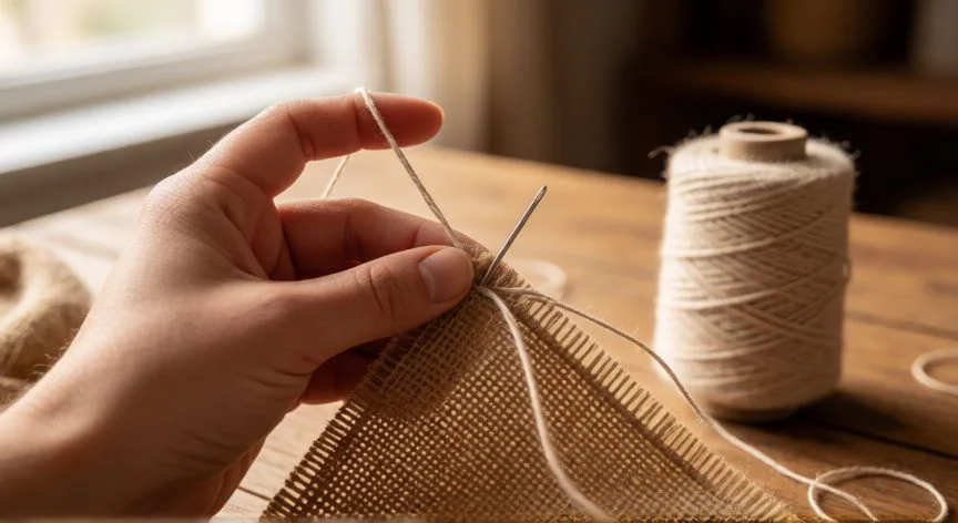 como coser yute, Manos cosiendo tela de yute con aguja gruesa e hilo de algodón sobre mesa de madera