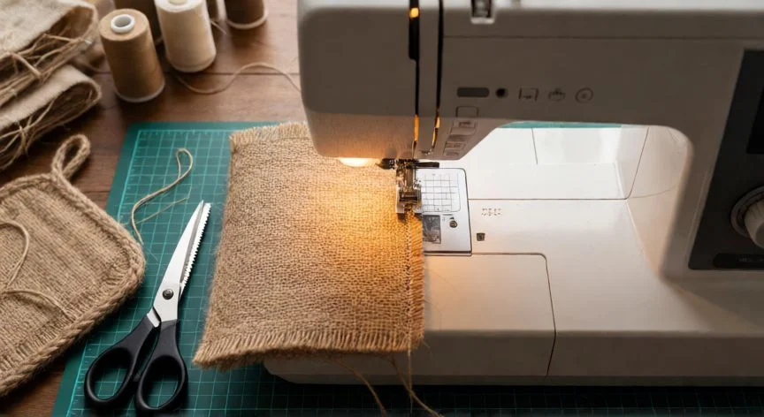 como coser yute, Máquina de coser con puntada zigzag sobre tela de yute en mesa de trabajo con herramientas de costura