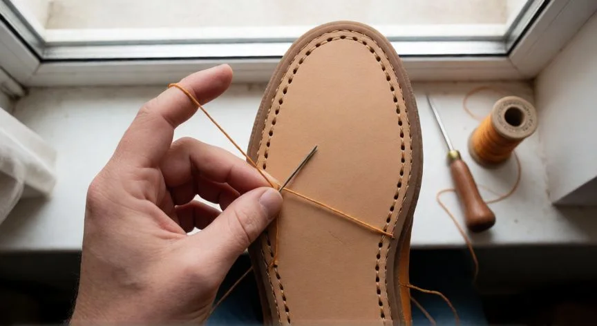 como coser zapatillas, Manos cosiendo la suela de una zapatilla de cuero con puntada sellada y hilo de nylon grueso