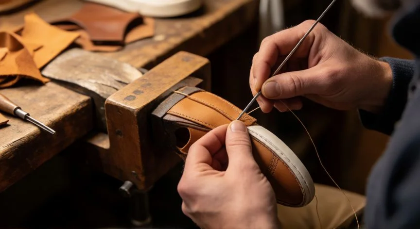 como coser zapatillas a mano, Manos cosiendo la suela de una zapatilla a mano con aguja de zapatero y hilo encerado sobre banco de trabajo