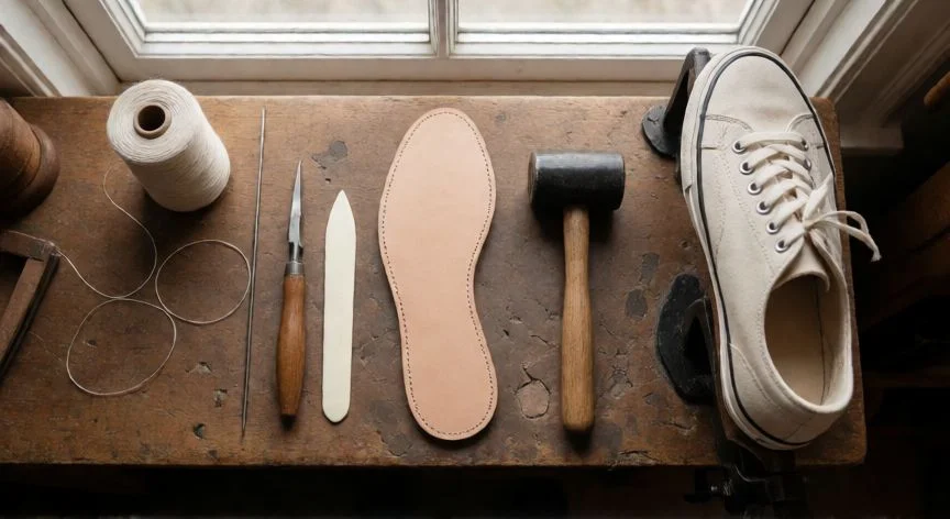 como coser zapatillas a mano, Mesa de trabajo de zapatero con herramientas de costura manual, hilo encerado, formón y zapatilla en reparación