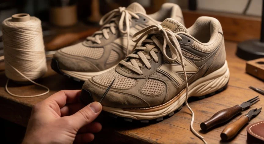 como coser zapatillas deportivas, Mano cosiendo la unión de suela con aguja de zapatero y hilo encerado grueso en zapatilla deportiva