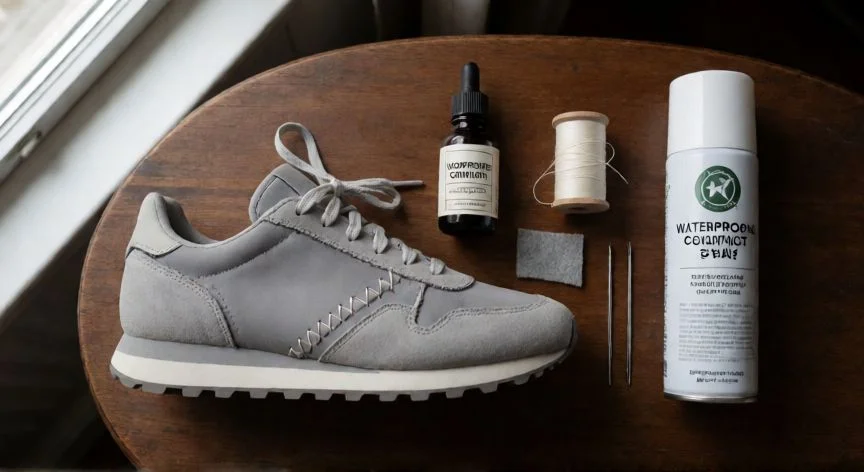 como coser zapatillas deportivas, Vista cenital de herramientas de reparación de zapatillas deportivas con zapatilla parcialmente cosida y productos auxiliares