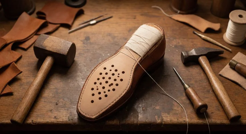 como coser zapatos, Mesa de trabajo de zapatero con zapato en reparación, aguja de coser a mano, hilo encerado y herramientas de cuero