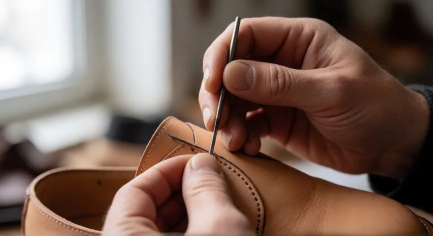 como coser zapatos, Manos cosiendo a mano la parte superior de un zapato de cuero con aguja y hilo encerado