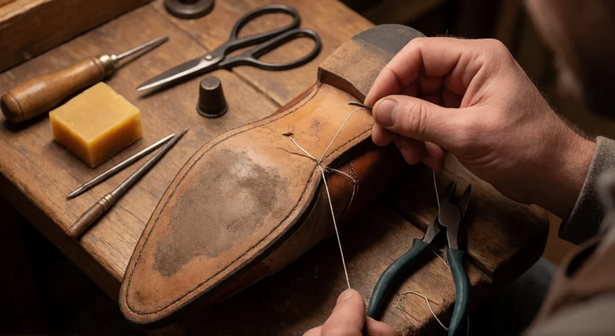 como coser zapatos a mano con aguja, Manos de zapatero cosiendo la suela de un zapato de cuero con aguja e hilo encerado sobre un banco de trabajo