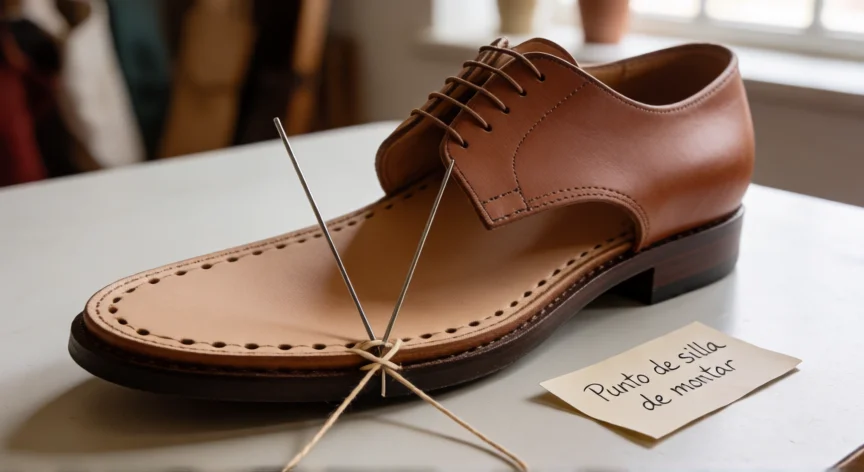 como coser zapatos a mano con aguja, Técnica de punto de silla de montar con dos agujas y un hilo encerado sobre la suela de un zapato