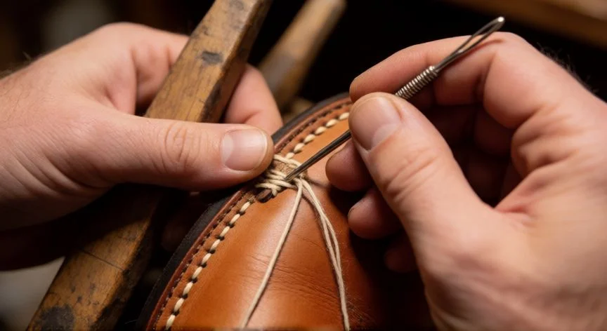 cómo coser zapatos con aguja, Manos cosiendo la suela de un zapato de piel con aguja de zapatero y hilo encerado entre cuñas de madera