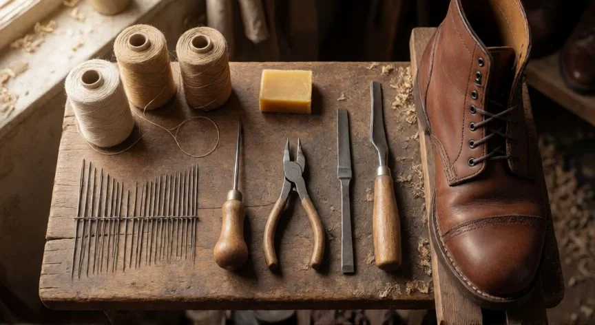 cómo coser zapatos con aguja, Herramientas de zapatero sobre mesa de trabajo: agujas, hilo encerado, uncia y una bota de piel en reparación