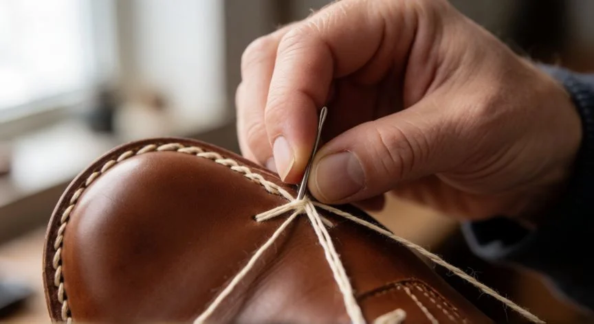 como coser zapatos modo fácil, Manos cosiendo el empeine de un zapato de cuero con hilo grueso crema y aguja de zapatero