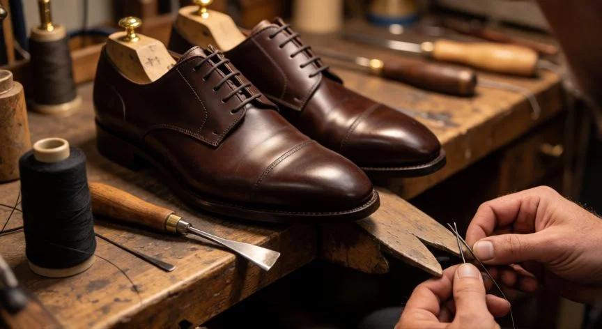 como coser zapatos sin que se note, Zapatero cosiendo la suela de un zapato de cuero marrón sobre una horma con aguja curva e hilo encerado