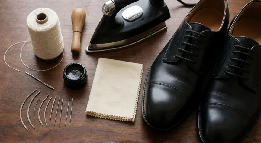 como coser zapatos sin que se note, Kit de herramientas para coser zapatos: agujas curvas, hilo encerado, punzón y crema de cuero sobre mesa de madera