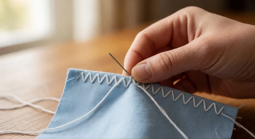 como coser zig zag a mano, Manos cosiendo un punto zig zag a mano sobre tela de algodón con hilo blanco