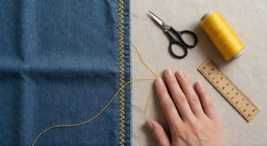 como coser zig zag a mano, Espacio de costura con tela vaquera cosida en zig zag decorativo con hilo amarillo y herramientas de coser