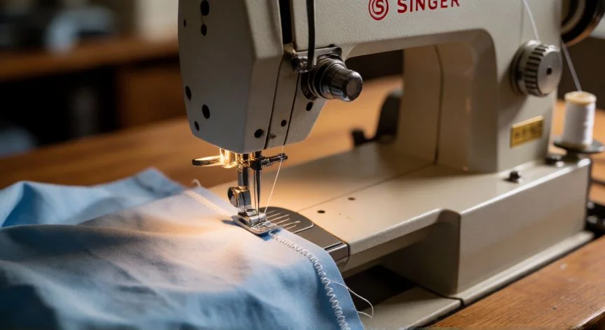 Máquina de coser Singer cosiendo un punto zig zag sobre tela de algodón azul
