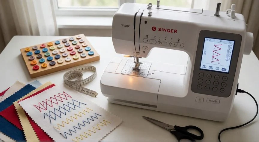 como coser zig zag en una maquina de coser singer, Espacio de costura con máquina Singer digital y muestras de puntos zig zag en diferentes colores