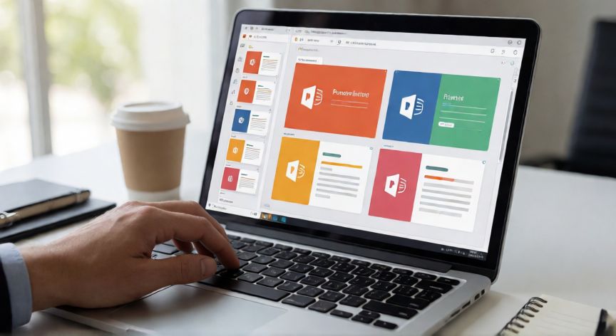 como crear diapositivas en powerpoint, Persona creando una presentación en PowerPoint en un portátil sobre escritorio de oficina